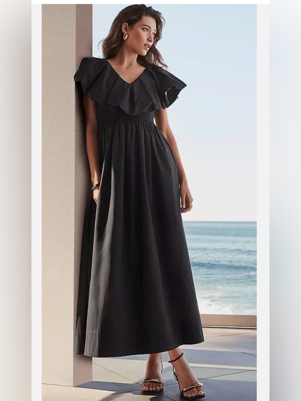 Ann Taylor Black  Ruffle Collar Maxi Flare Dress with Pockets